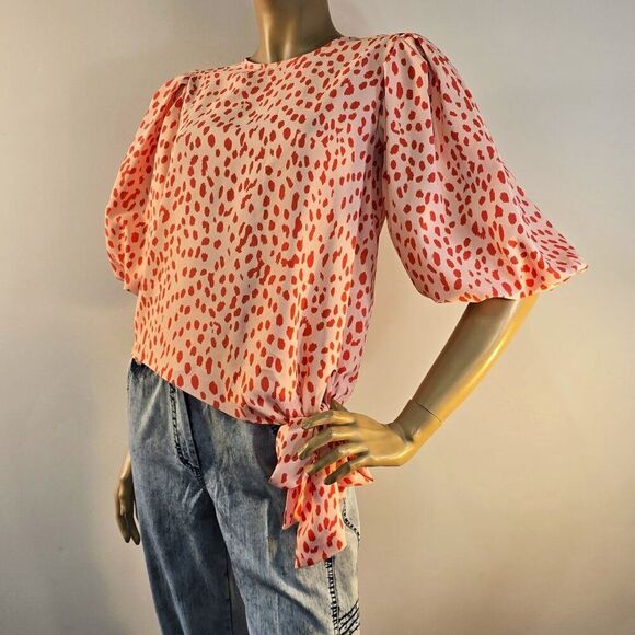 VINCE CAMUTO Animal Print Puff Sleeve Tangerine Blouse Sash Tie Womens Sz XS - Picture 2 of 11